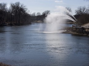 The Walter J. Blackburn Memorial Fountain flows at the Forks of the Thames River  in London. (Derek Ruttan/The London Free Press)