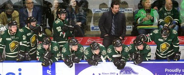 The London Knights react as the seconds tick down in a 2-1 loss to the Owen Sound Attack that ended their season on Thursday March 29, 2018. Owen Sound won the series with a four-game sweep.
Mike Hensen/The London Free Press/Postmedia Network