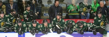 The London Knights react as the seconds tick down in a 2-1 loss to the Owen Sound Attack that ended their season on Thursday March 29, 2018. Owen Sound won the series with a four-game sweep.
Mike Hensen/The London Free Press/Postmedia Network