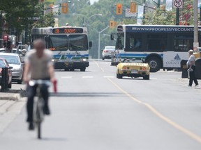 An LTC number 2 Dundas bus waits at a red light as it heads down its namesake street in downtown London. (File photo)
