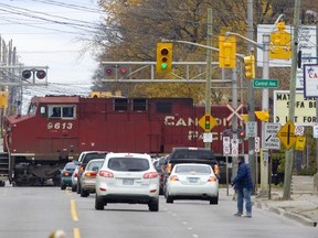 Traffic begins to backup on Adelaide Street north at the CP crossing. (File photo)