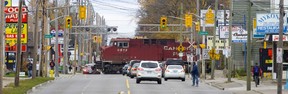 Traffic begins to backup on Adelaide Street north at the CP crossing. (File photo)