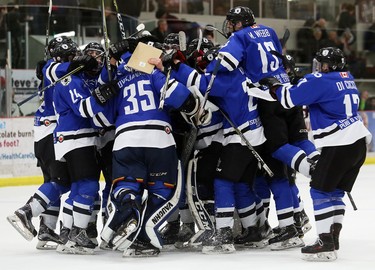 The London Nationals celebrate their 2-1 win over the Chatham Maroons in Game 6 of their GOJHL Western Conference semifinal at Chatham Memorial Arena in Chatham, Ont., on Thursday, March 22, 2018. (Mark Malone/Postmedia Network)