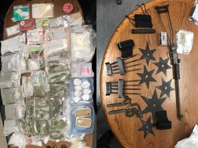 Police seized marijuana and other cannabis products, as well as a gun and other weapons from the Wild Bear dispensary on Chippewas of the Thames First Nation on Tuesday. (OPP photos)