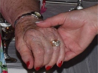 Strangers took the wedding band and two anniversary rings with diamond in them from Nancy Chwiecko, 84, in a parking lot outside the hair salon in London Tuesday, March 20.