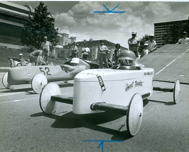 Woodbox Derby race with Stacey Lynne Lilliman, 9 and Robbie Winship, 10, 1986. (London Free Press files)