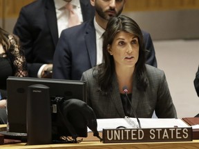 United States Ambassador to the United Nations Nikki Haley speaks during a Security Council meeting at U.N. headquarters, Wednesday, March 28, 2018. (AP Photo/Seth Wenig)