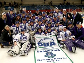 Western Mustangs celebrate their  McCaw Cup Ontario University Sport Championship in Kingston over the Queen's Gaels on Saturday March 10 2018. Western won 3-0. Both teams qualify for the USports Championship to be held at Western next week. Ian MacAlpine/The Whig-Standard