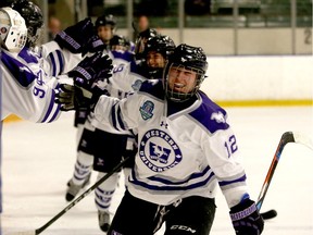 Western Mustangs Alyssa Chiarello celebrates her second period goal against the Queen's Gaels during McCaw Cup Ontario University Sport Championship in Kingston on Saturday March 10 2018. Western won 3-0. (Ian MacAlpine/Postmedia Network)