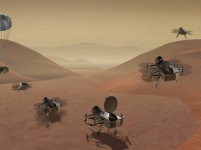 Western University and Johns Hopkins are proposing to NASA that a quad-copter they call Dragonfly be used to explore the surface of Saturn's moon Titan.  Western University photo