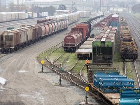 Rail cars are lined up on their tracks in a CN Rail yard in London. (Free Press file photo)