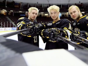 Sean Josling, left, Ryan McGregor and Hugo Leufvenius formed the Sarnia Sting's best line in the first round of the 2018 OHL playoffs against the Windsor Spitfires. (Mark Malone/Postmedia Network)
