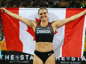 Alysha Newman of Canada celebrates winning gold in the Women's Pole Vault during athletics on day nine of the Gold Coast 2018 Commonwealth Games at Carrara Stadium on April 13, 2018 on the Gold Coast, Australia.  (Photo by Michael Steele/Getty Images)