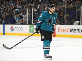 Logan Couture of the San Jose Sharks after the Sharks defeated the Anaheim Ducks 2-1 in Game Four of the Western Conference First Round during the 2018 NHL Stanley Cup Playoffs at SAP Center on April 18, 2018 in San Jose, California.