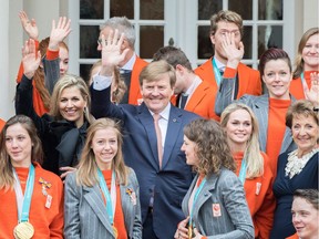 The Netherlands' King Willem Alexander, Queen Maxima and Princess Margriet during a meeting with the Dutch Pyeongchang 2018 Olympic Winter Games Medal Winners in the Royal Palace. Be careful what you say about the House of Orange.