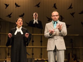 Rebecca Auerbach, left, J.D. Nicholsen, and Gil Garratt (who plays Arlan Galbraith), in the Blyth Theatre production of The Pigeon King, a story about Galbraith who bilked hundreds of farmersout of millions of dollars after convincing them to raise pigeons, returns to open the festival season May 30  after a sold out run in 2017. The play, researched, written and performed by the company, will be staged at the National Arts Centre in Ottawa next year.