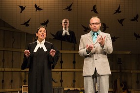 Rebecca Auerbach, left, J.D. Nicholsen, and Gil Garratt (who plays Arlan Galbraith), in the Blyth Theatre production of The Pigeon King, a story about Galbraith who bilked hundreds of farmersout of millions of dollars after convincing them to raise pigeons, returns to open the festival season May 30  after a sold out run in 2017. The play, researched, written and performed by the company, will be staged at the National Arts Centre in Ottawa next year.