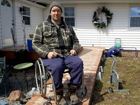 Shawn Daley, of Gregory Line just outside of Chatham, had left his ATV parked at the end of his wheelchair ramp when it was stolen overnight on Easter Sunday.  Daley used the ATV to get to work, plow snow and get around on his property. (Trevor Terfloth/The Daily News)