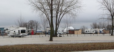 This trailer park is among the many areas that were flooded after heavy rains and strong winds hit Erieau on Sunday. Ellwood Shreve/Chatham Daily News/Postmedia Network