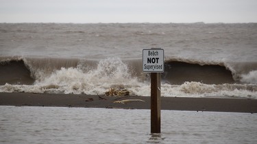 Strong winds whipped up big waves on Lake Erie that flooded the beach in Erieau, Ont. on Sunday. Ellwood Shreve/Chatham Daily News/Postmedia Network