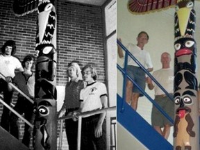 The creators of the Tecumseh school totem pole are pictured here as teens and later in life. They include Eric Stang, Rick Gosnell, Clare Weirsma and Andy Ramsz. However, the Lambton Kent District School Board announced Tuesday that the totem pole will be removed this summer. (Handout)