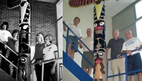 The creators of the Tecumseh school totem pole are pictured here as teens and later in life. They include Eric Stang, Rick Gosnell, Clare Weirsma and Andy Ramsz. However, the Lambton Kent District School Board announced Tuesday that the totem pole will be removed this summer. (Handout)