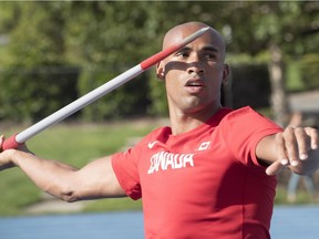 Canadian decathlete Damian Warner, from London, Ont., works on his javelin throw during a training session for the Commonwealth Games on April 3, 2018 in Gold Coast, Australia.