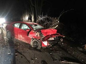 A driver was charged after a vehicle collided with a fallen tree on a closed road in Huron County Tuesday. (Police supplied photo)