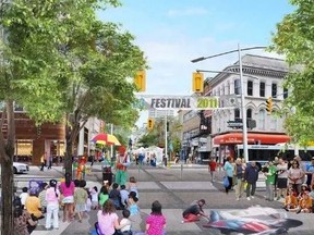 Rendering of London flex street from 2016. It shows Dundas Street at the intersection of Richmond Street, looking east.