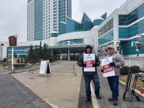 Striking Caesars Windsor workers picket one of the casino's entrances on the morning of April 6, 2018. The majority of employees rejected a tentative agreement in a ratification vote the previous day.