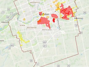 This map, supplied by London Hydro, shows the areas of the city affected by power outages Saturday, April 14 caused by freezing rain and high winds. There were more power outages Sunday caused by the same weather system.