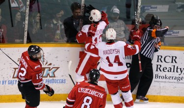 Sault Ste. Marie's Boris Katchouk asks to hear from the Attack faithful after scoring in the first period of Game 4 between Owen Sound and Sault Ste. Marie at the Harry Lumley Bayshore Community Centre in Owen Sound. Greg Cowan/The Sun Times