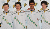 The newest additions to the London Knights -- Gerard Keane, left, Antonio Stranges, Sahil Panwar and Luke Evangelista, -- were introduced during a news conference at Budweiser Gardens Saturday. 
DALE CARRUTHERS / THE LONDON FREE PRESS