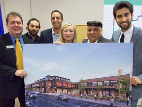 Steve Pellarin of the Small Business Centre, Ben Farhi, Erez Raphael of Dario Health, Marilyn Sinclair, CEO TechAlliance, Shmuel Farhi, and Amir Farahi of Farhi Holdings Corp with rendering of  369 York Street about a new tech hub called Venture London that will be in the old London Free Press building in London, Ont.  Photograph taken on Friday March 16, 2018.  Mike Hensen/The London Free Press/Postmedia Network