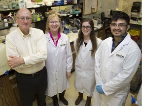 Dr. David Hill, left, with diabetes researchers Brenda Strutt, Sandra Szlapinski and Bibek Saha has been researching diabetes for 35 years. (Derek Ruttan/The London Free Press)