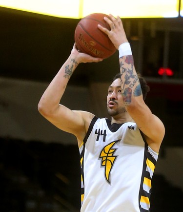 Ryan Anderson of the London Lightning goes on a four-for-four three-point shooting tear in the first half of their game Sunday April 1, against the Island Storm.
Mike Hensen/The London Free Press