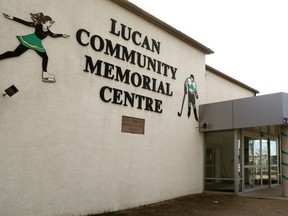 The Lucan Community Memorial Centre is still bedecked with green ribbons and Kraft Hockey Ville.ca banners north of London. Lucan was announced as the winner during Hockey Night in Canada on Saturday of the competition and will host a pre-season NHL game as well as receive $250,000 for upgrades to the arena. (Mike Hensen/The London Free Press)