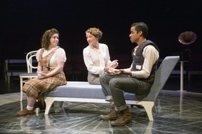 Amy Keating, left, as Laura Wingfield, Sarah Orenstein as Amanda Wingfield and Stephen Jackman-Torkoff as Tom Wingfield in a scene from The Glass Menagerie on the McManus Stage. Derek Ruttan/The London Free Press/Postmedia Network