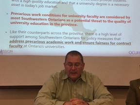 Stephen Pitel, (left) head of the University of Western Ontario Faculty Association, says  job security will be a major issue in  upcoming contract talks. Photo shot in London, Ont. on Tuesday April 3, 2018. Hank Daniszewski/The London Free Press/Postmedia Network