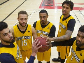 The Lightning are starting their playoffs on Friday against the Niagara River Lions at home at Budweiser Gardens. From left, Julian Boyd, Garrett Williamson, Doug Herring Jr., Mo Bolden and Kyle Johnson. (MIKE HENSEN, The London Free Press)