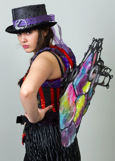 Rachel Newman, 14, of H.B. Beal secondary school, wears a winged creation by Devin Adorjan, a student in Fanshawe College's design foundations and fashion marketing and management program. 
Mike Hensen/The London Free Press