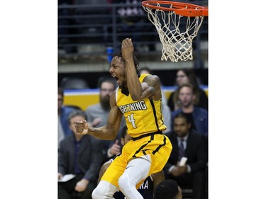 The London Lightning’s Marcus Capers howls after drawing a foul on a dunk during a 151-115 win over the Niagara River Lions in Game 1 of their best-of-five National Basketball League of Canada quarterfinal at Budweiser Gardens Friday.
Derek Ruttan/The London Free Press