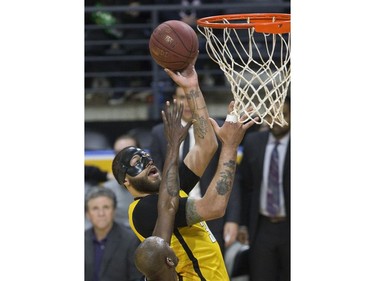 The London Lightning's Royce White scores in a 151-115 win over the Niagara River Lions in Game 1 of their best-of-five National Basketball League of Canada quarterfinal at Budweiser Gardens Friday. Derek Ruttan/The London Free Press