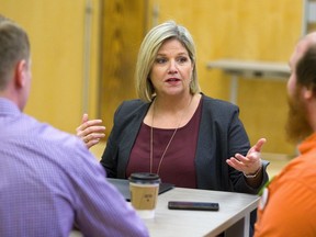 NDP leader Andrea Horwath speaks with Western University graduate students about student loans during a stop at Innovation Works in downtown London Wednesday. (MIKE HENSEN, The London Free Press)