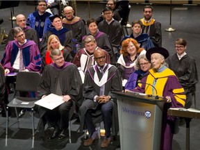 Renowned chimp expert Jane Goodall received an honorary doctorate of science Wednesday from Western University president Amit Chakma. (DEREK RUTTAN, The London Free Press)