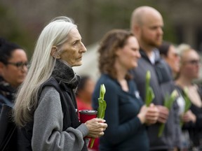 Deb Peckham of the London Homeless Coalition attends a memorial to the people who have died in the opioid crisis in London. About 100 people attended as former addicts spoke about the dangers of opioid addiction. (MIKE HENSEN, The London Free Press)