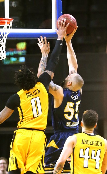 Mo Bolden of the Lightning was a force inside the paint blocking and altering shots like this block on Grandy Glaze of the St. John's Edge as the Lightning won 106-101 in a hard fought battle at Budweiser Gardens on Sunday April 29, 2018. The Lightning won the series 4-2 and will now face Halifax for the NBL championship. Mike Hensen/The London Free Press/Postmedia Networki