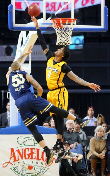 Mo Bolden of the Lightning was a force inside the paint blocking and altering shots like this block on Grandy Glaze of the St. John's Edge as the Lightning won 106-101 in a hard fought battle at Budweiser Gardens on Sunday April 29, 2018. The Lightning won the series 4-2 and will now face Halifax for the NBL championship. Mike Hensen/The London Free Press/Postmedia Networki