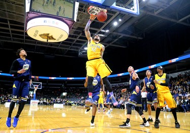 Julian Boyd of the Lightning gets a big dunk late in the game against the St. John's Edge as the Lightning won 106-101 in a hard fought battle at Budweiser Gardens on Sunday April 29, 2018. The Lightning won the series 4-2 and will now face Halifax for the NBL championship. Mike Hensen/The London Free Press/Postmedia Networki