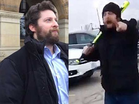 Mark Phillips, the great-grandson of Nathan Phillips, for whom Toronto's Nathan Phillips Square is named, is seen outside the St. Thomas courthouse, left, where he was giving a conditional discharge. The judge accepted a psychiatrist's assessment that Phillips was in a "drug-induced psychosis" when he was caught on video, right, attacking a family with a baseball bat in the parking of a St. Thomas mall.